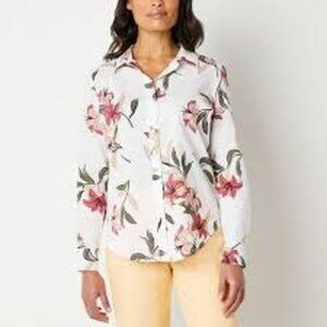 Liz Claiborne Women's Button Up Shirt White Floral Women's Size 3X Office Casual
